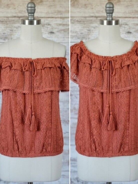 No Boundaries Tops - No Boundaries Boho Lace Off Shoulder Smocked Tassel Blouse Top Salmon
